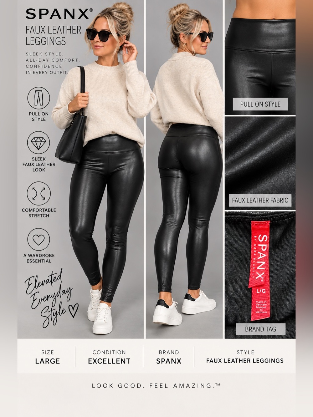 SPANX Faux Leather Leggings Black Size Large High Rise Pull On